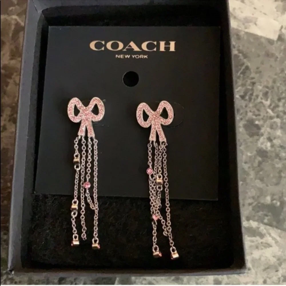 Coach Swarovski Crystals waterfall chains gold pave bow earrings - Picture 2 of 5